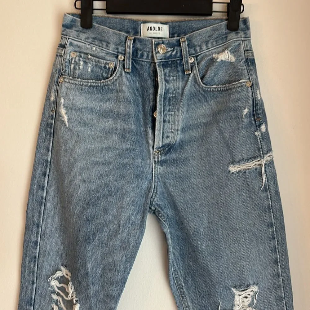 Agolde 90’s mid rise Women Light Blue Ripped distressed Denim Jeans size 23 EUC